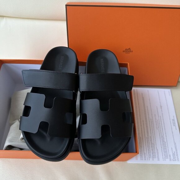 NEW HERMES CHYPRE SANDALS BLACK NOIR EU 37.5 100% Authentic With Box - Picture 2 of 6